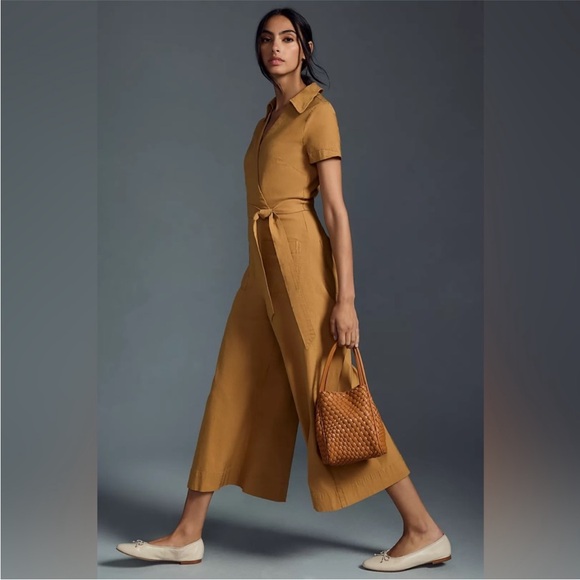 Maeve Anthropologie Wrap Culotte JumpsuitSize 10 Wide Leg Honey $188 Stretch